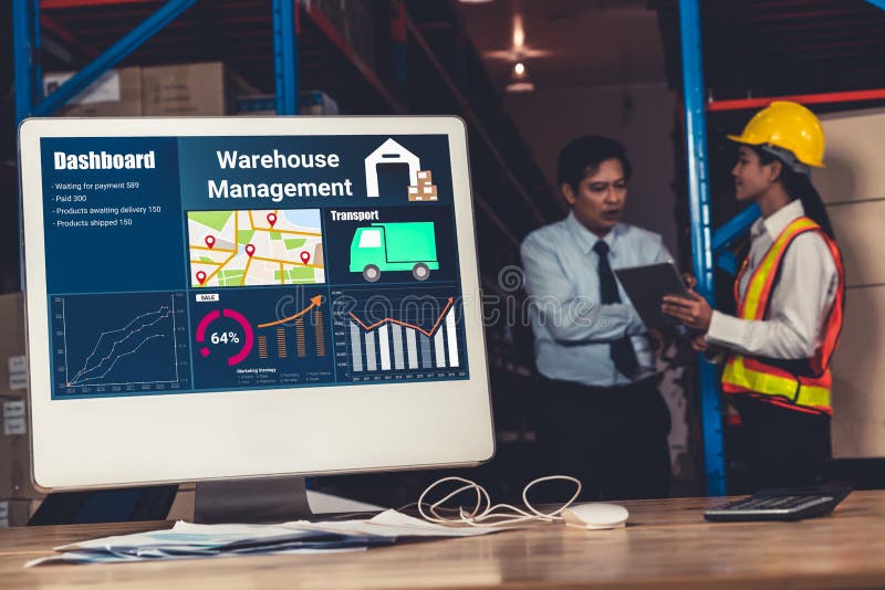 Warehouse management software application in computer for real time monitoring of goods package delivery . PC screen showing smart inventory dashboard for storage and supply chain distribution .