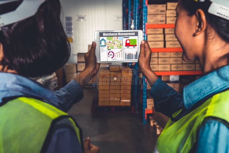 Warehouse management software application in computer for real time monitoring of goods package delivery . PC screen showing smart inventory dashboard for storage and supply chain distribution .