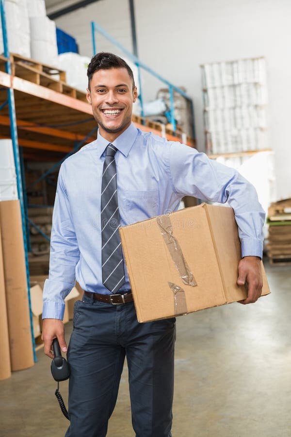 Warehouse Manager Holding Cardboard Box and Scanner Stock Image Image