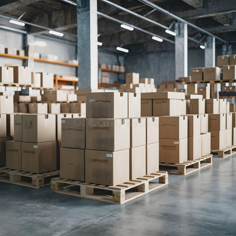 Warehouse with neatly arranged cardboard boxes on pallets, spacious royalty free illustration