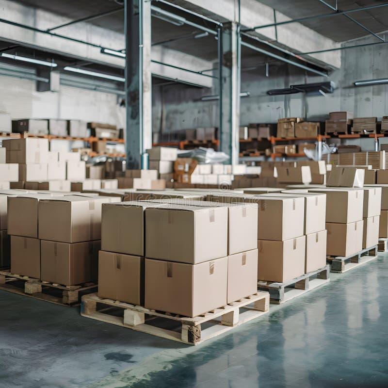 Warehouse with neatly arranged cardboard boxes on pallets, spacious royalty free illustration