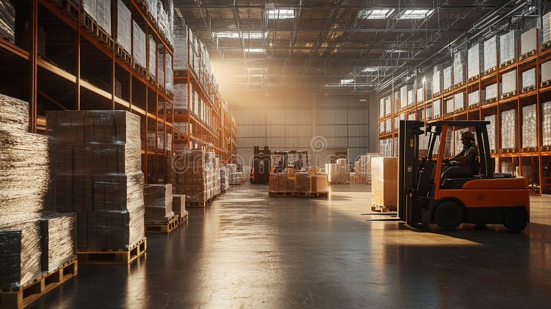 Warehouse Operations with Cargo, Pallets, and Forklifts for Efficient Inventory and Transportation stock illustration