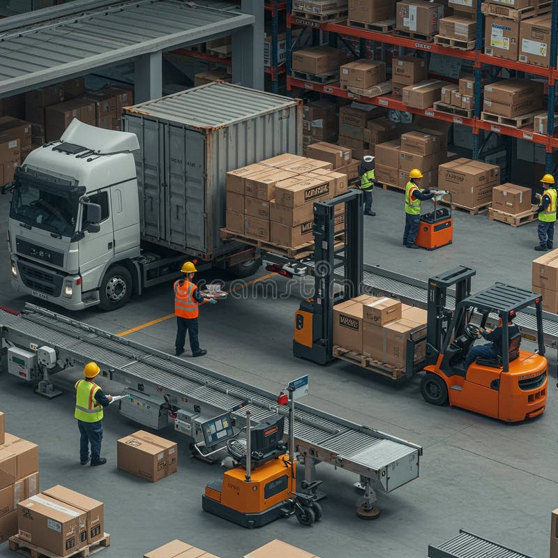 Warehouse operations scene featuring workers in safety gear, including hard hats and vector illustration