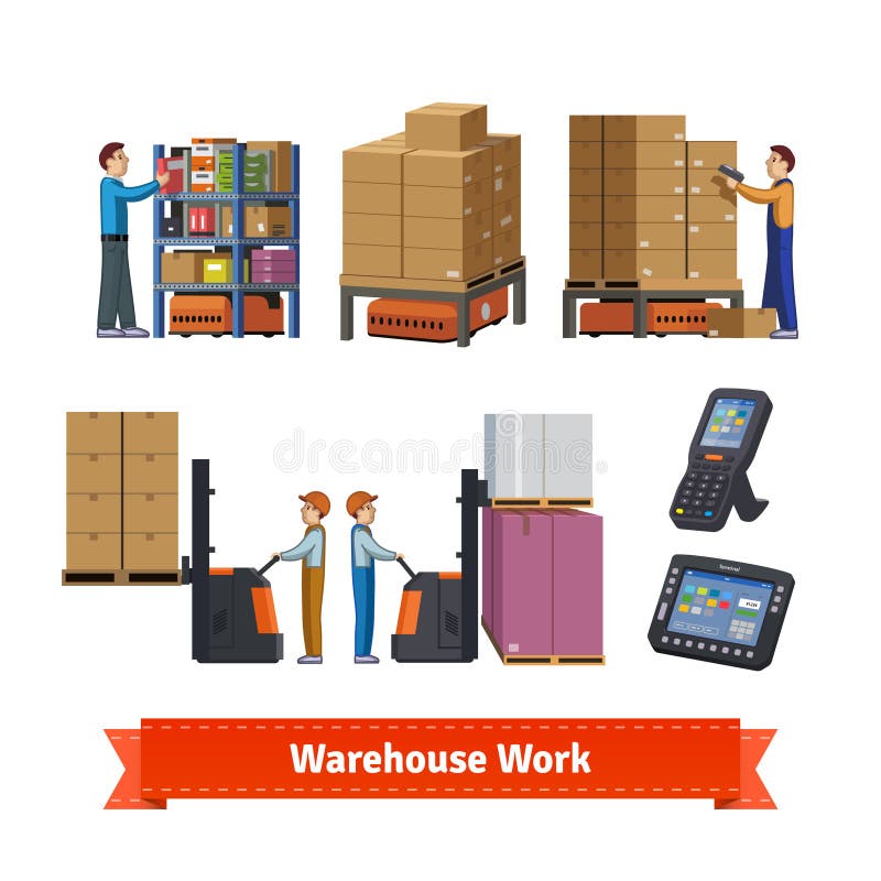 Warehouse operations, workers and robots stock illustration