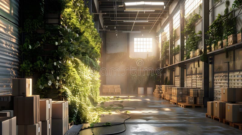 Warehouse with Packages and Vertical Garden, Sunlit and Eco-Friendly