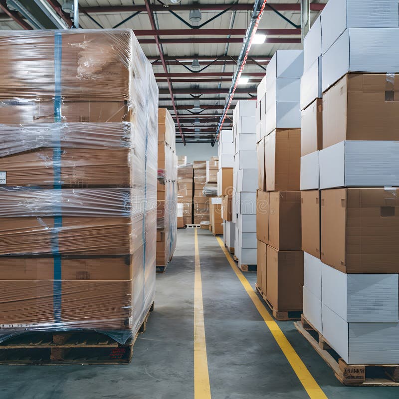 Warehouse with plastic wrapped boxes and stacks under high ceiling vector illustration