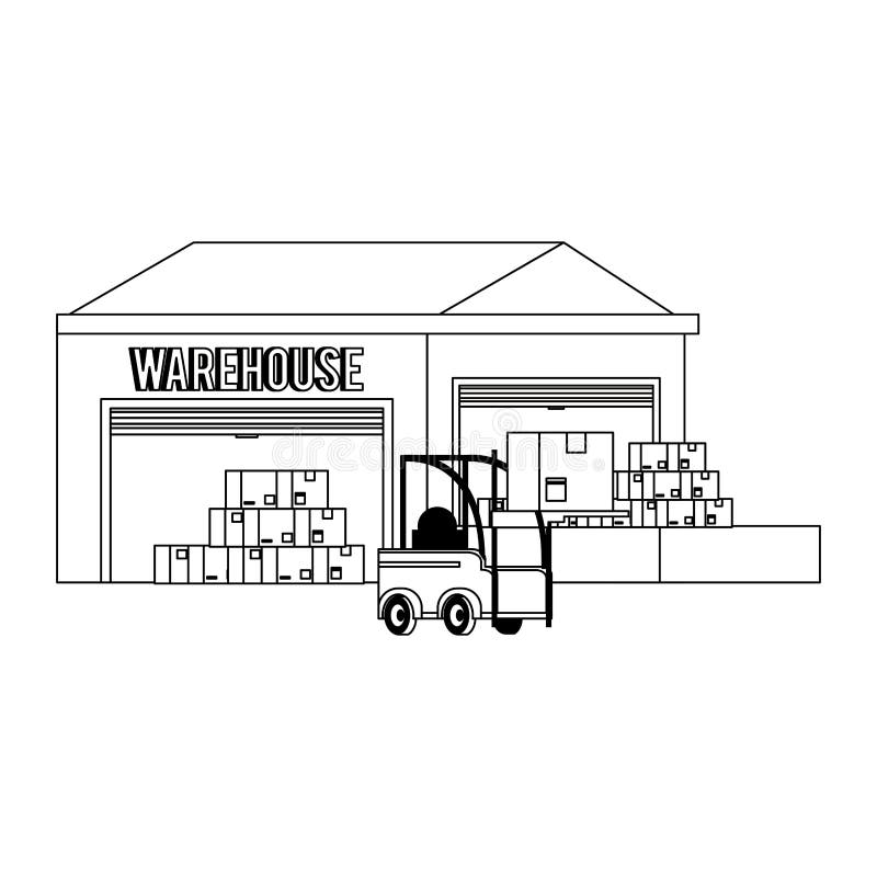 Warehouse Storage Building with Merchandise in Black and White Stock