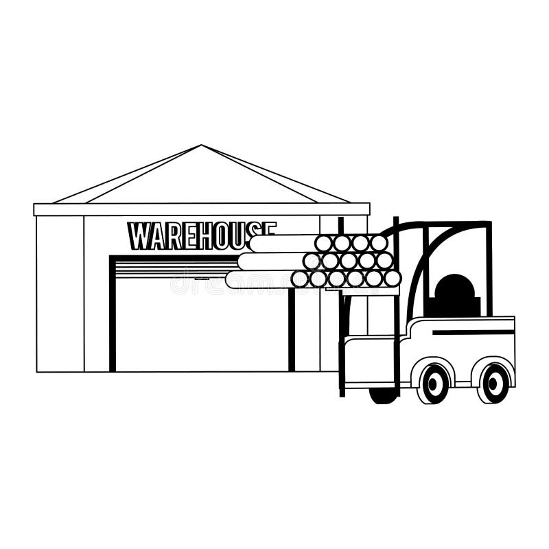 Warehouse Storage Building with Merchandise in Black and White Stock