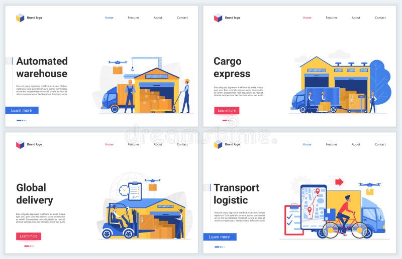 Warehouse technology vector illustrations. Cartoon flat warehousing company website interface design, tech mobile banner set with express automated delivery, packaging and loading, transport logistics. Tech store vectors