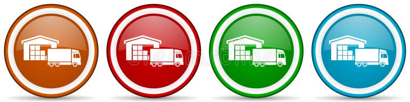 Warehouse and truck, delivery, freight concept glossy icons, set of modern design buttons for web, internet and mobile applications in four colors options isolated on white background.