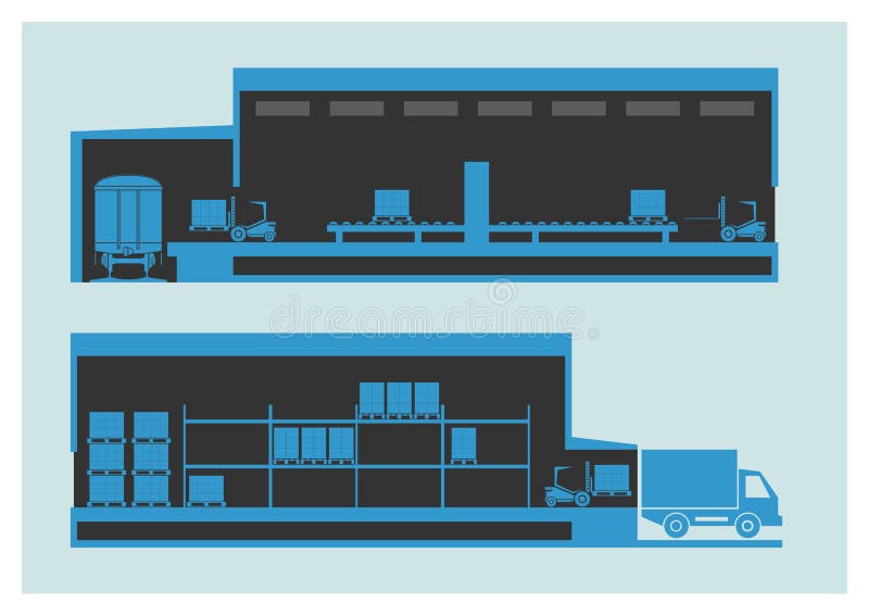 Warehouse. The unloading and loading process stock illustration Warehouse. The unloading and loading process stock illustration