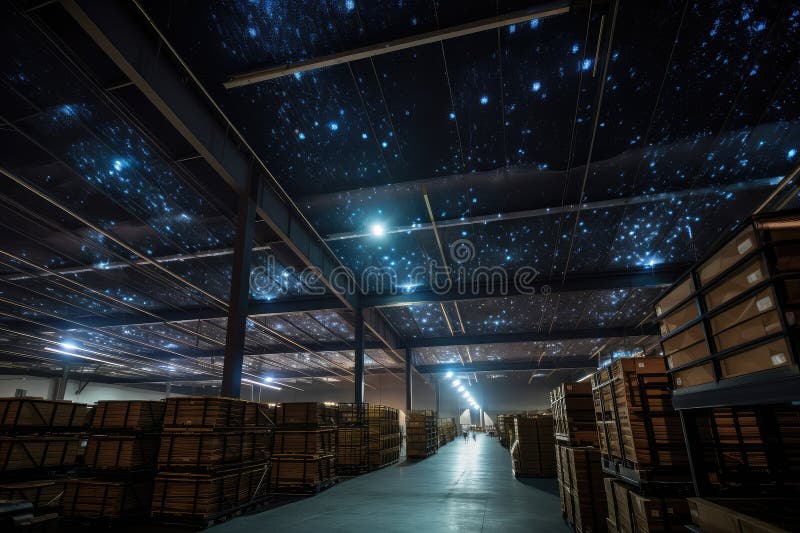 Warehouse, with View of the Night Sky and Stars Visible through the