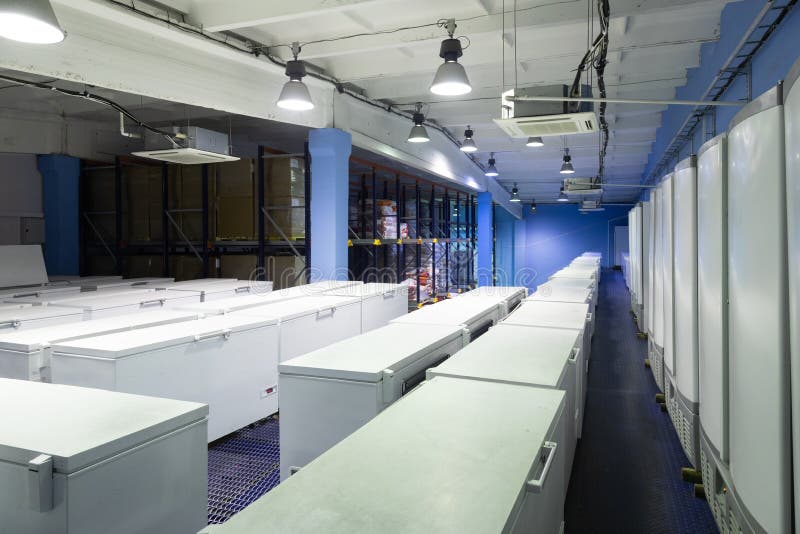 Warehouse with White Refrigerators Stock Image Image of food, export