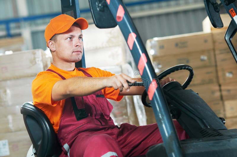 Warehouse Worker Driving Forklift Stock Image Image of smiling