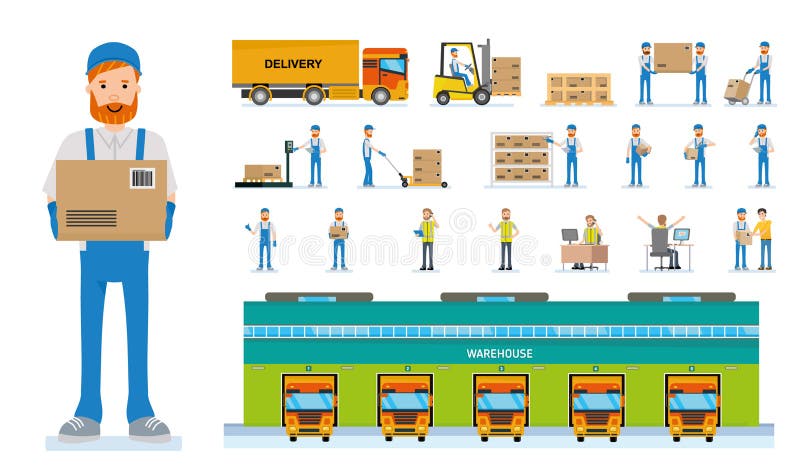 Warehouse workers cartoon vector characters. Set of various poses and emotions.