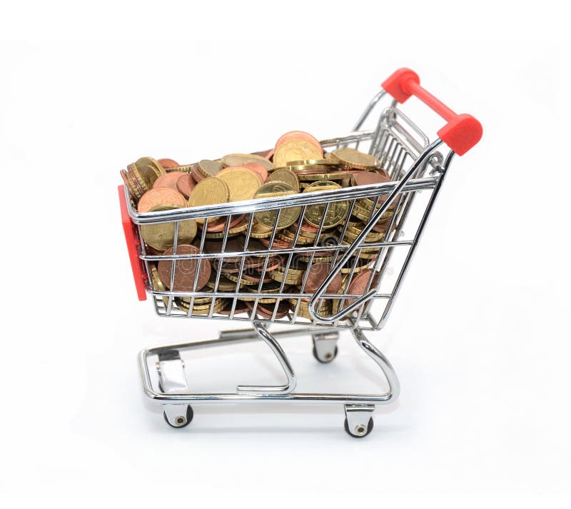 Warenkorb mit Euro-Münzen stockbilder