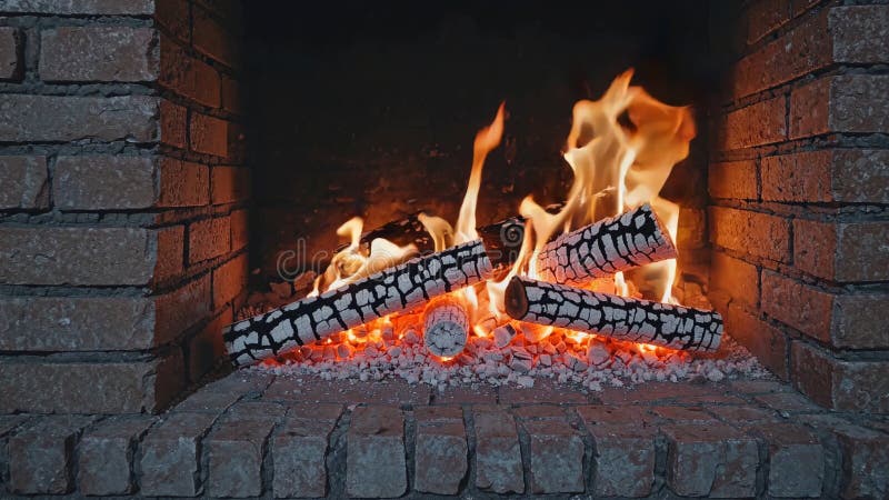 Warm birch logs burning brightly inside brick fireplace, creating glowing orange yellow flames and casting soft shadows stock photo
