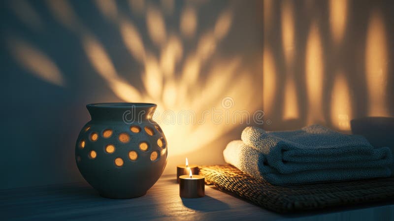 Warm candlelit ambiance in spa setting with ceramic lantern casting shadows beside towels for relaxation and serenity stock photo