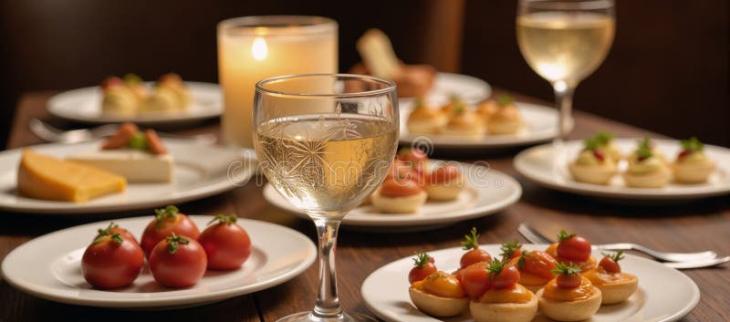 Warm candlelit table setting featuring appetizers cocktails stock illustration