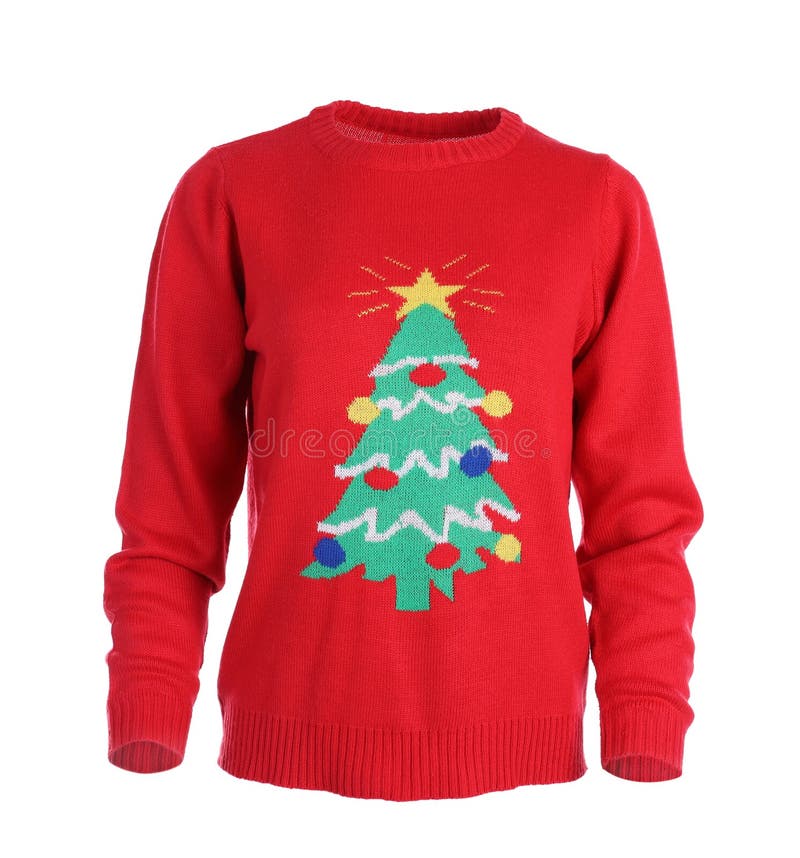 Warm Christmas Sweater with Decorated Fir Tree Isolated Stock Photo ...