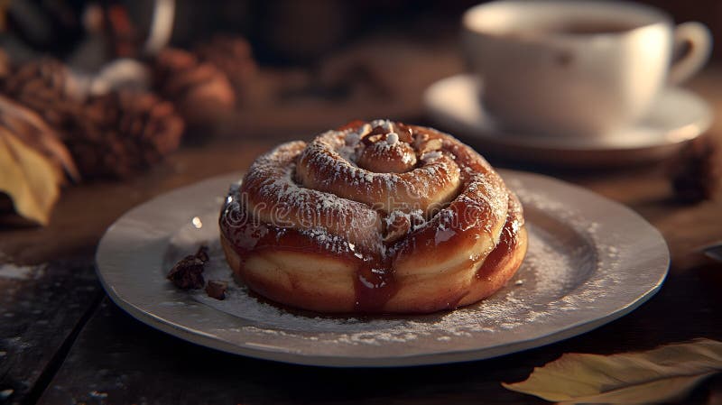 Warm cinnamon roll with icing and coffee on rustic autumn table setting. AI generated