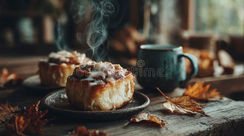 Warm Cinnamon Rolls with Glaze on Rustic Table royalty free illustration