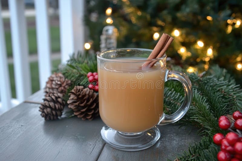 Warm cinnamon tea with pine cones and pine branches on rustic wooden table stock photos