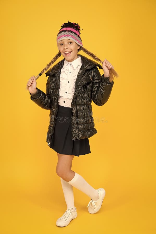 Warm clothing. Buy clothes for school season. Schoolgirl fashion outfit. Fall autumn winter. Fancy little child. Fashion