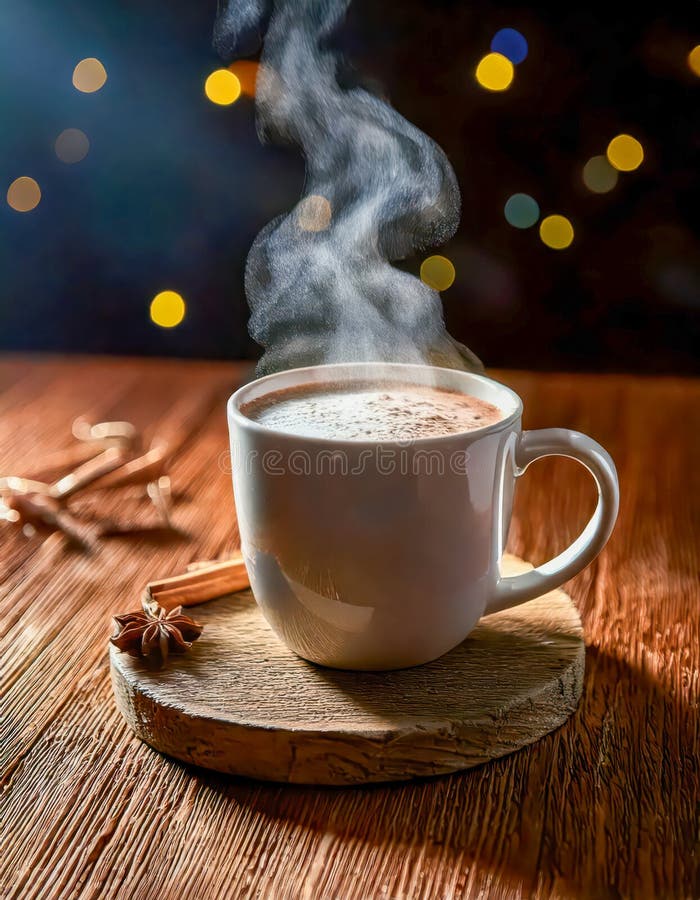 A warm cup of cocoa resting on a wooden table during a cozy winter night vector illustration