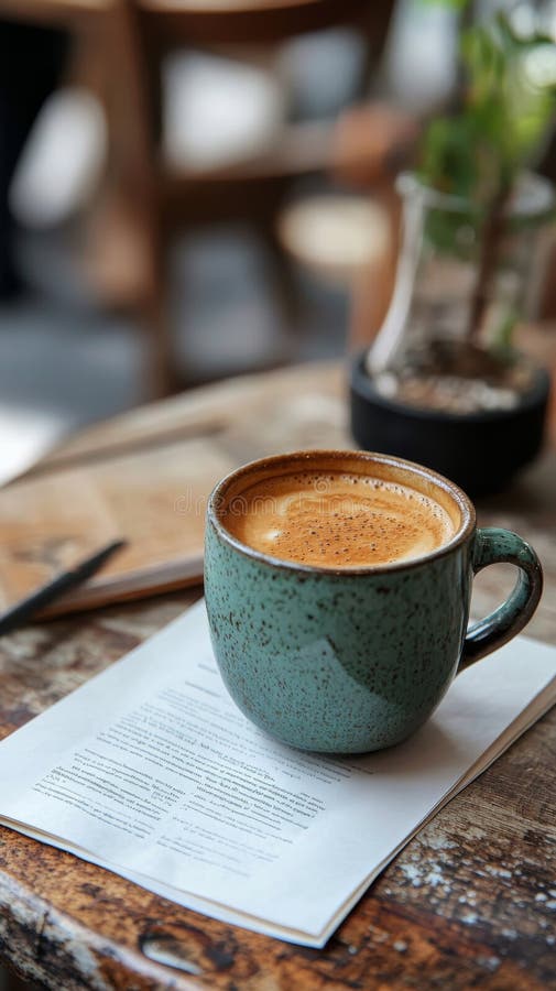 Warm cup of coffee on rustic wooden table with empty notepad and sunlight filtering through leaves royalty free stock images