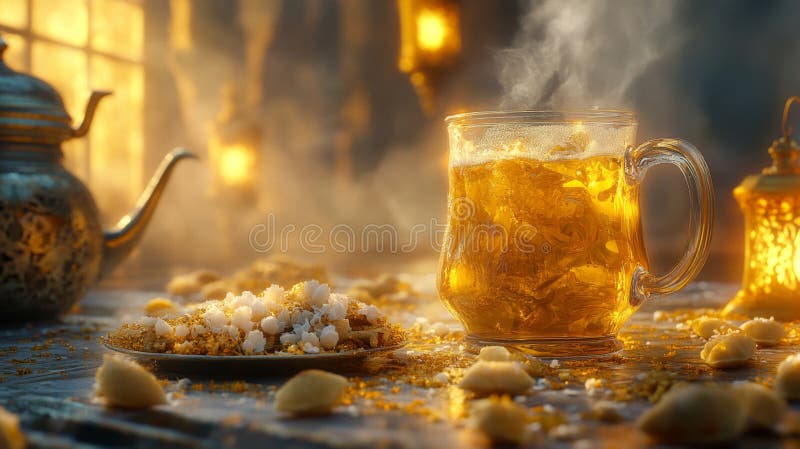 A Warm Drink Steaming In A Glass Mug With Treats royalty free illustration
