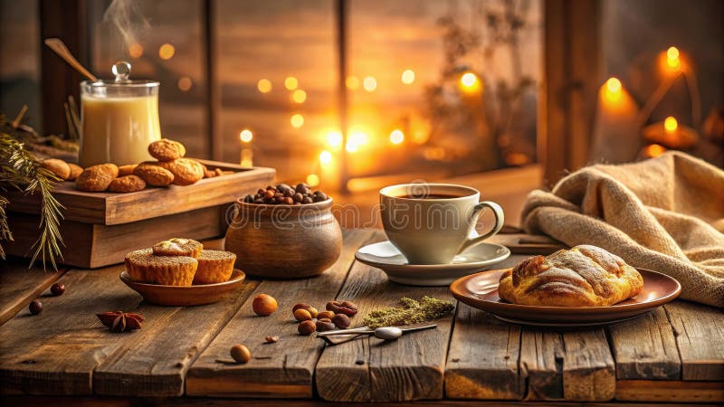 Warm evening ambiance a rustic table setting with aromatic coffee, sweet pastries, and cozy textures, perfect for relaxation and royalty free illustration