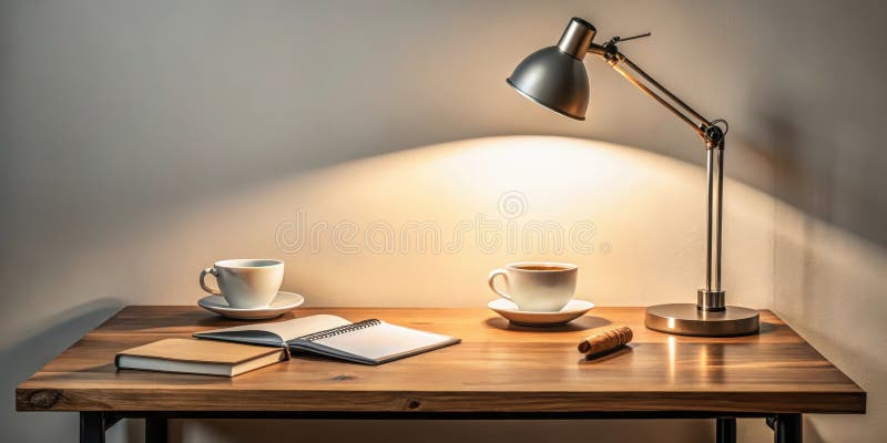 Warm evening light illuminates a desk with two cups of coffee and an open notebook, ready for thoughtful writing or relaxation. royalty free illustration