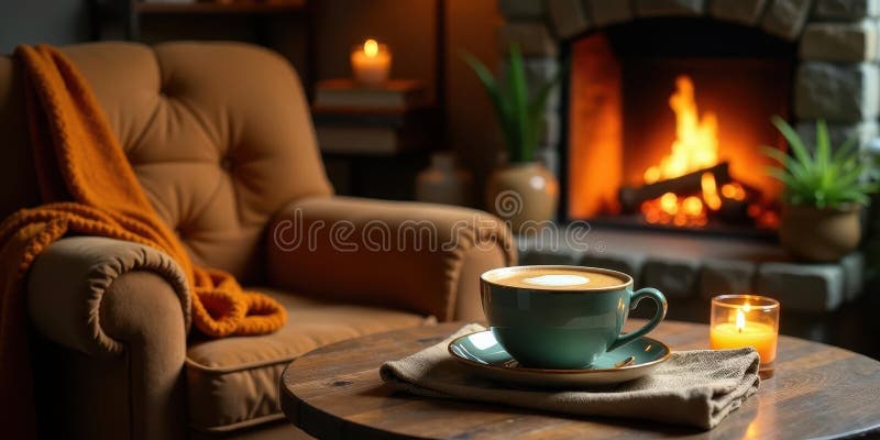 Warm evening relaxation a cozy scene with a latte by the fireplace. Generative AI royalty free illustration
