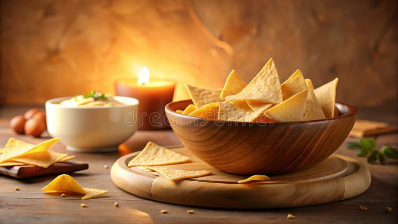 Warm evening snack crispy triangular chips in wooden bowl with creamy dip. Generative AI vector illustration