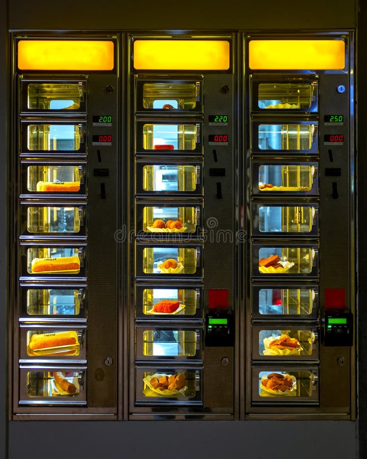 Food Vending Machine Closeup. Quick Sale Out of the Store. Fast Food