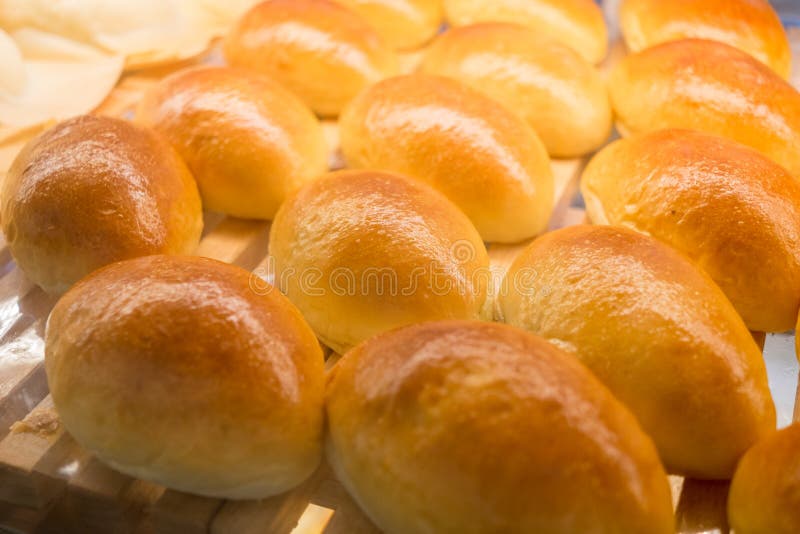 Warm Fresh Breads in a Bakery Shelf Display Stock Image Image of