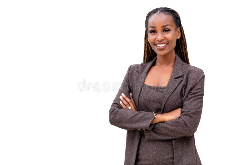 Warm, friendly, beautiful cheerful african american executive business woman isolated on white background