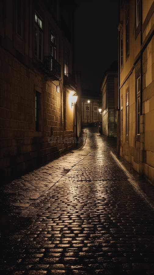 The Warm Glow of Streetlights on a Rainy Night at Cobblestone Alleyway ...