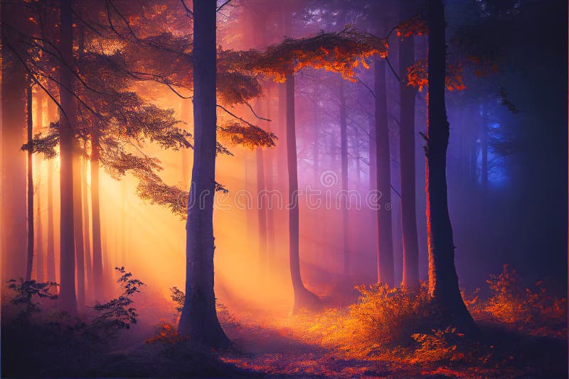 Warm glow Winter Fall Autumn forest woods with path sunset