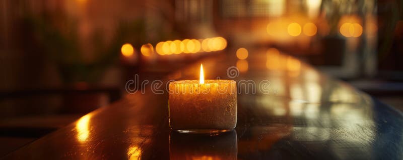 Warm glowing candle on wooden table, serene spa setting royalty free stock photography
