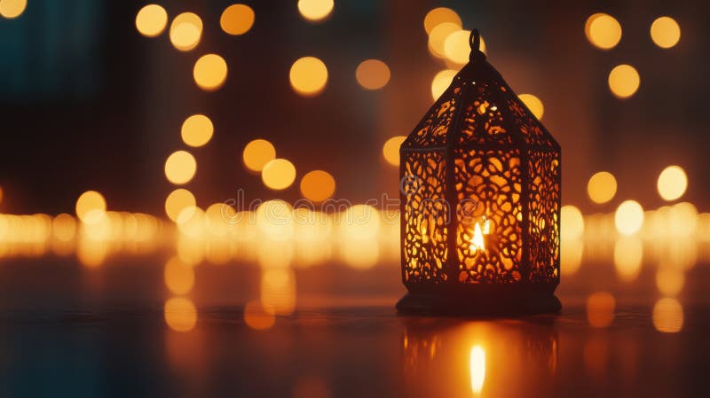 Warm and glowing Diwali lantern with intricate patterns, casting soft shadows and set against a blurred background of stock photos