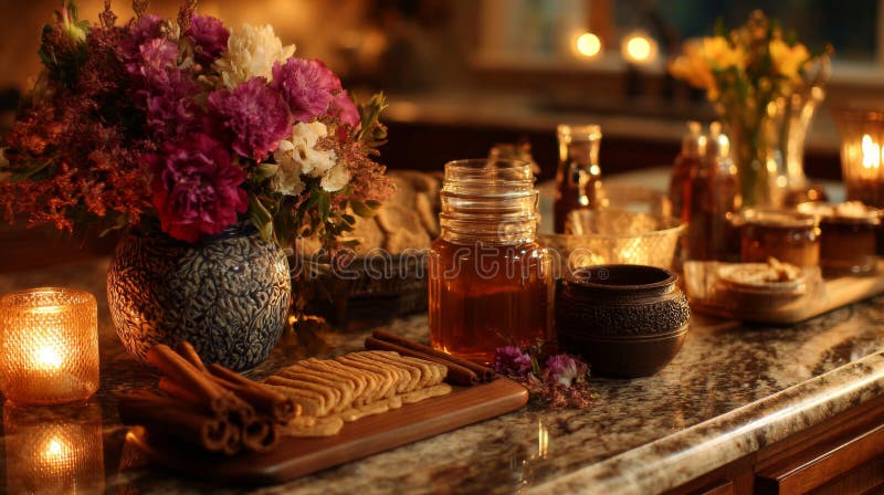 Warm Honey And Cinnamon Treats On Rustic Kitchen Countertop stock illustration