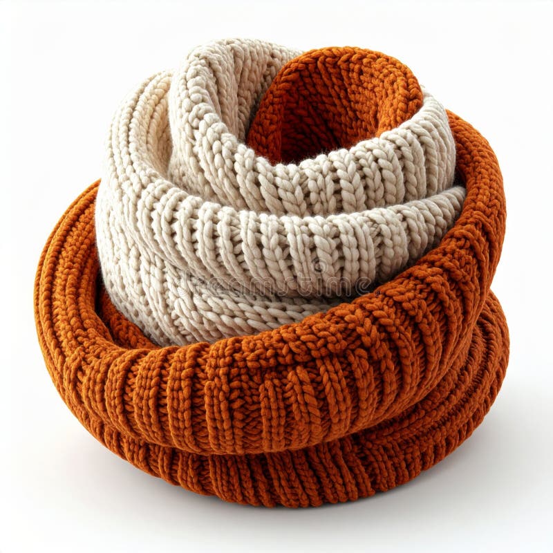 Warm Knitted Infinity Scarf in Cream and Rust on White Background vector illustration