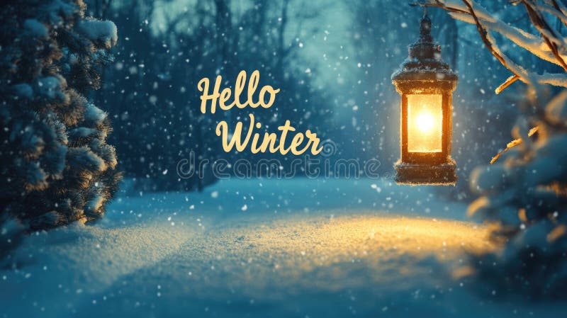 Warm lantern hanging amidst snow-covered trees on a tranquil evening with text "hello winter" - winter concept royalty free stock images
