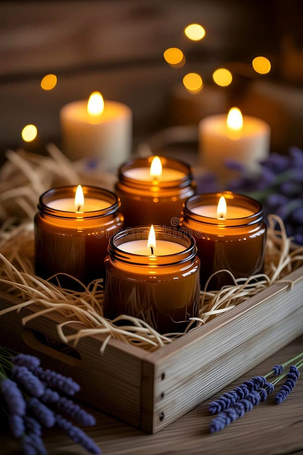 Warm Lavender Candle Display In Rustic Wooden Box royalty free illustration