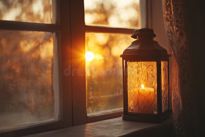 Warm light spills through the window creating a cozy atmosphere with a candle lantern casting flickering shadows at dusk stock photography