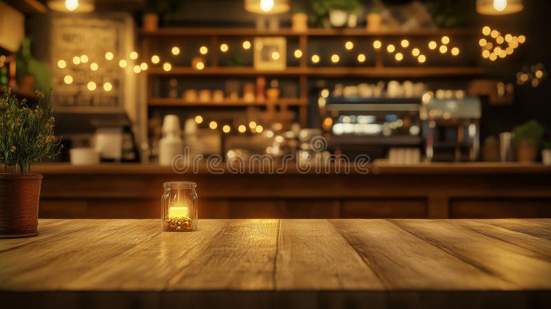 Warm Lit Rustic Cafe Interior con una tavola di legno royalty illustrazione gratis