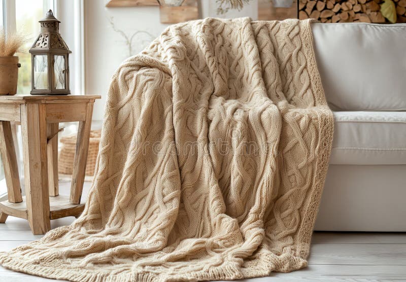 Warm Living Room with a Beige Couch, a Knitted Throw, and Pillows Stock