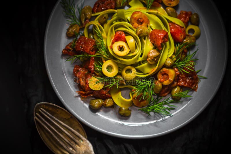Warm Lunch Pasta Tomato Sauce Capers Asparagus Magic Light Stock Photo